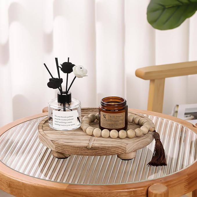 10'' Round Wooden Tray Pedestal Stand, Farmhouse Bathroom Decor Riser for Soap Dispenser, Perfume, Candle, 10'', Light Brown