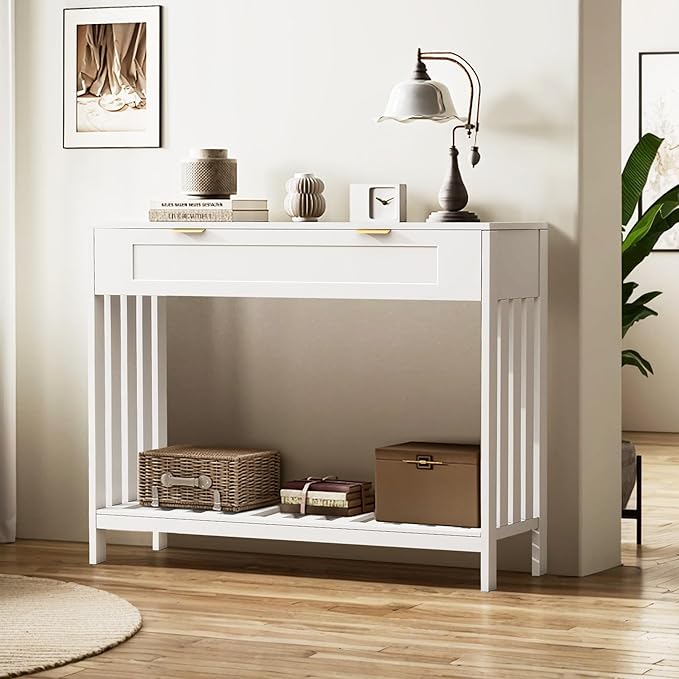 Entryway Table with Drawers Narrow Accent Sofa Table with Storage Shelf, Modern Wooden Console with Drawer Entry Table Storage Slats Shelf for Living Room,Entryway, Foyer, Hallway, White