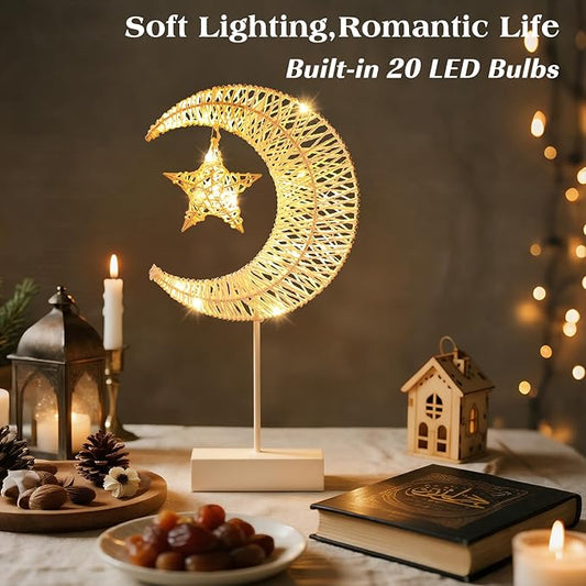 Lewondr Decorative Table Lamp, Christmas Moon Star Ramadan Desk Lamp Battery Powered Warm LED Crescent Light for Xmas Home Bedroom Bedside Desktop Nightstand Decoration, White