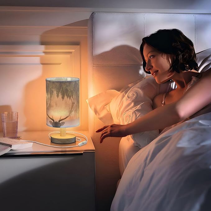 Table Lamp Antler Deer Nightstand Lamp with Wood Base Fabric Lamp Shade Bedside Desk Lamp for Living Room Bedroom Kids Room Office