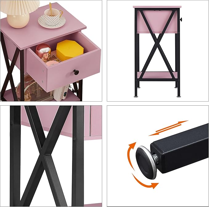 VECELO Nightstands Set of 2, Modern Bedside End Tables, Night Stands with Drawer and Storage Shelf for Living Room Bedroom, Industrial Metal Frame