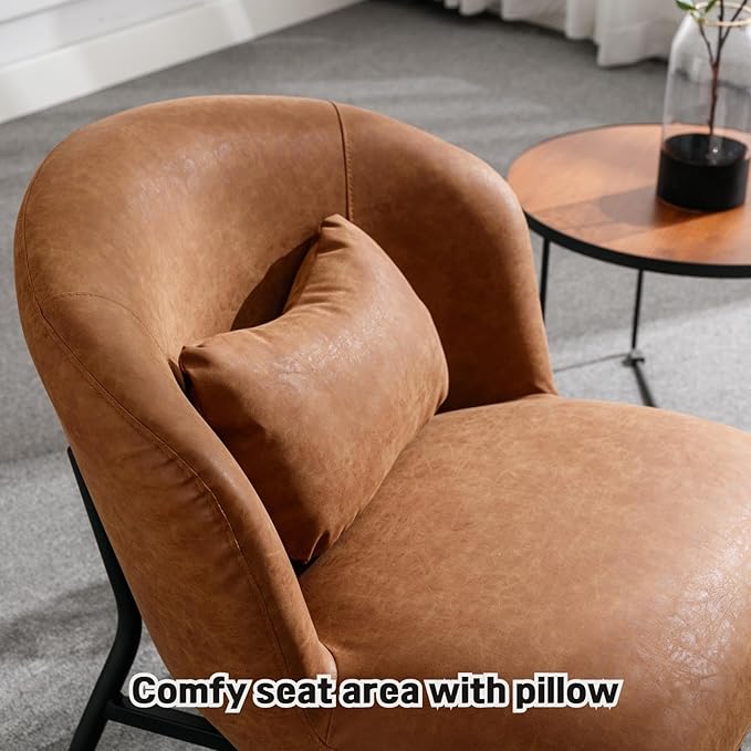 DUOMAY Modern Accent Chairs Set of 2, PU Upholstered Leisure Chair Single Sofa Chair Lounge Chair with Lumbar Pillow Metal Legs Slipper Chair for Living Room Bedroom Office, Brown