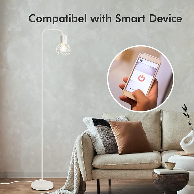 Industrial Floor Lamp, White Standing Lamp Modern with 6W LED Bulb, Foot Switch, Metal Tall Floor Lamps for Living Room, Bedroom, Office, Den, Vintage Stand Up Light, Minimalist Mid Century Pole Lamp