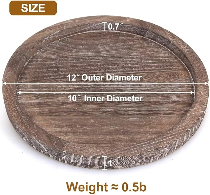 Round Decorative Wooden Serving Trays for Ottoman Coffee Table Tray Farmhouse Kitchen Home Decor Accents Circle Circular Wood Decorations Trays Rustic Dining Table Centerpiece Candle Holder Tray