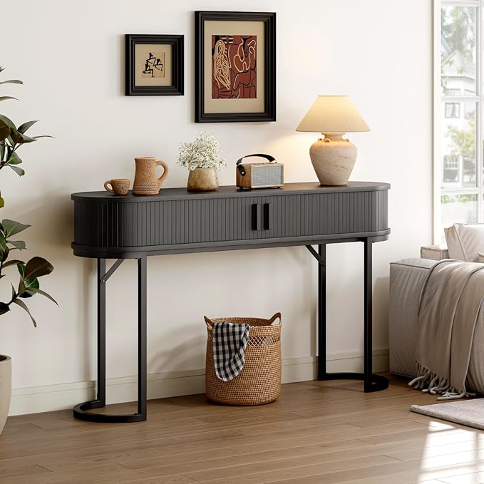 ONBRILL 55 Inch Console Table with 2 Drawers, Entryway Table with Sliding Door, Long Sofa Table Behind Couch w/Metal Leg, Mid-Century Modern Console Table for Entryway, Hallway, Living Room,Black