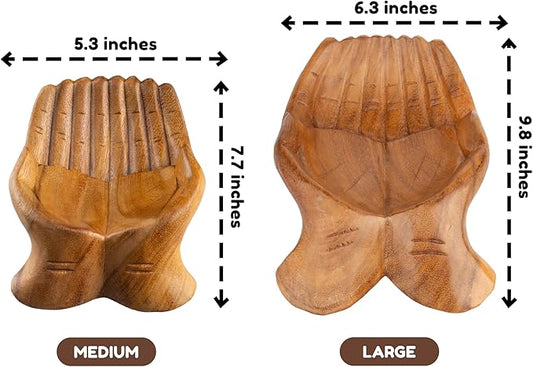Curawood Carved Hands Offering Bowl - Crystal Holder for Stones, Rock Collection Holder, Crystal Display Storage Tray, Wooden Hands Bowl for Keys - Rock Display Case for Shelf, Stand, Altar Decor (L)