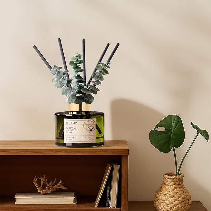 Airkeep Reed Diffuser Set with 6.76 fl oz Forest Mist Scent Essential Oils and 3 Leaves & 8 Diffuser Sticks,Bathroom Shelf Decor & Air Freshener, House Bedroom Office Decor & Gifts