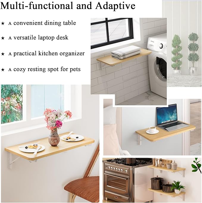 TEAMIX Wall Mounted Folding Table, Floating Desk for Small Spaces, Drop Leaf Dining Table for Kitchen Fold Down Laundry Shelf with Heavy-Duty Brackets
