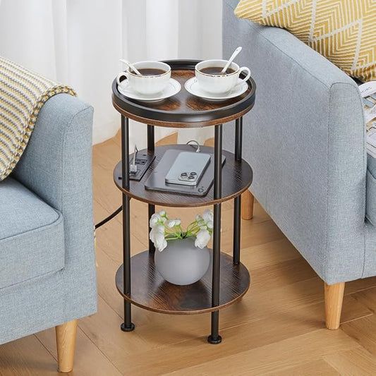 Small Round Side Table with Charging Station for Small Spaces, 3-Tier Round Accent Table with USB Ports & Power Outlets, Corner Table Sofa End Table for Living Room Bedroom (USB Charger, Rustic Brown)