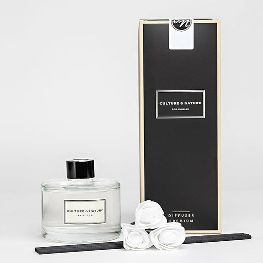 CULTURE & NATURE Reed Diffuser Set 6.7oz (200ml) White Rose Scented Diffuser with Sticks Home Fragrance Reed Diffuser for Bathroom Shelf Decor