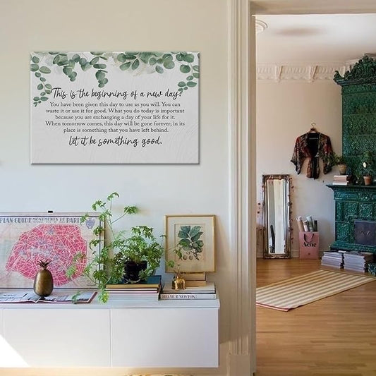 BIWSHA Inspirational This is the Beginning of a New Day Canvas Wall Art Prints Decor for Home Bathroom Bedroom Living Room Office,Motivation Themed Art Decor 16x24 Inch,Positive Saying Art Gifts