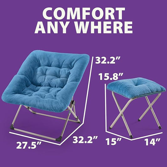 OAKHAM Comfy Chair for Adults, Soft Faux Fur Folding Lounge for Bedroom Living Room Dorm Rooms Flexible Reading Chair for Teens Kids, X-Large Foldable (Ottoman-Blue)