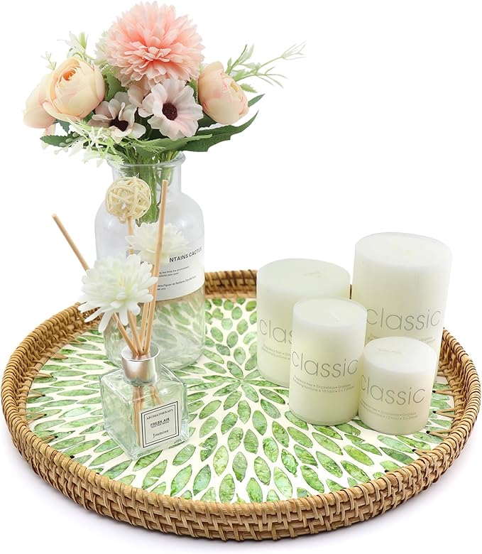 Shellac Rattan Tray with Mother of Pearl Inlay, Round Decorative Serving Tray for Home Décor Coffee Table Storage and Display, 100% Natural Materials(2 Set)