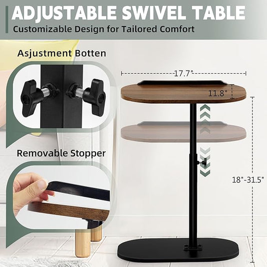 Aoligrace Walnut Couch Side Table, Adjustable Height C Table 360° Swivel, Flip Top Small End Tables for Small Spaces Living Room(17.7x11.8 in)