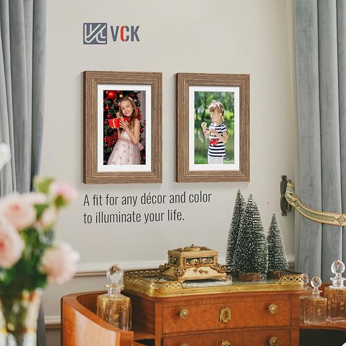 VCK 5x7 Picture Frame 5 Pack - Walnut, High-End Wood Poster Frames with Tempered Glass, Display 4x6 Photo with Mat or 5x7 without Mat, Art Gallery-Quality, Wall Hanging/Tabletop, Walnut