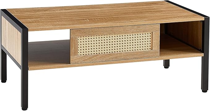 IANIYA 40.16" Boho Coffee Table, Rectangle Wooden Accent Center Tables, Living Room Table with Sliding PE Rattan & Solid Metal Legs for Living Room, Apartment Small Space (Natural/Black Metal)