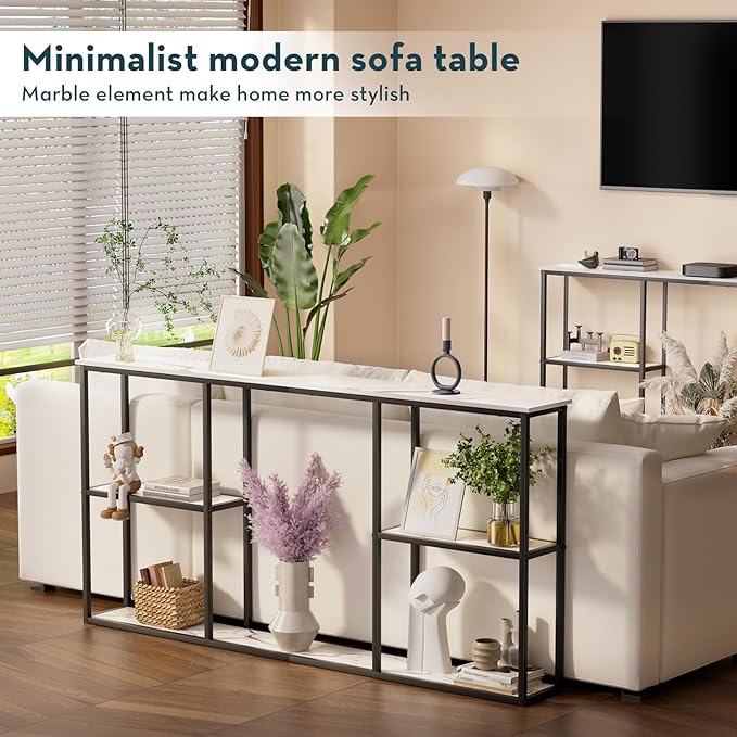 WOHOMO Console Table,Small Modern Entryway Table for Entry,3-Tier Long Sofa Table Behind Couch for Living Room,Entrance,White Marble(63 inch)