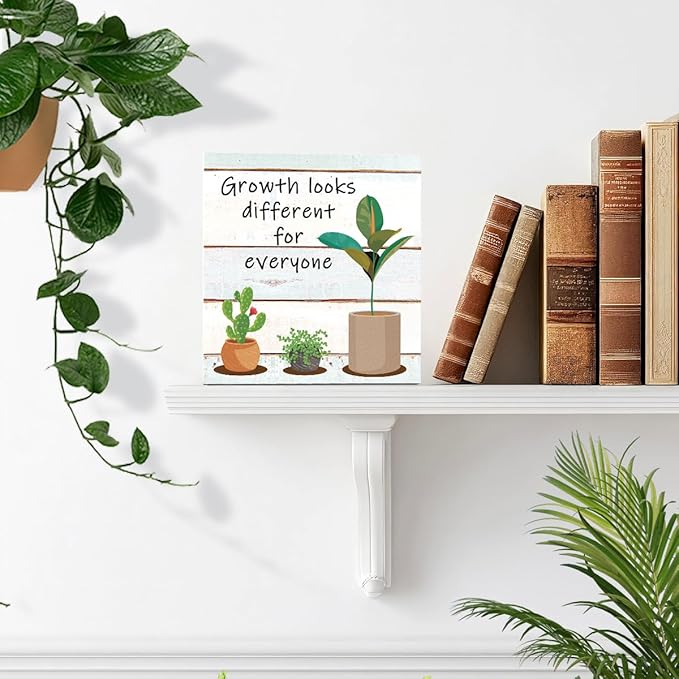 LVQHI Inspirational Wood Block Sign,Growth Looks Different for Everyone Plant Motivational Wooden Block Sign for Home Bedroom Office Desk Table Decor,Inspirational Cheer Up Gift for Coworker Wood