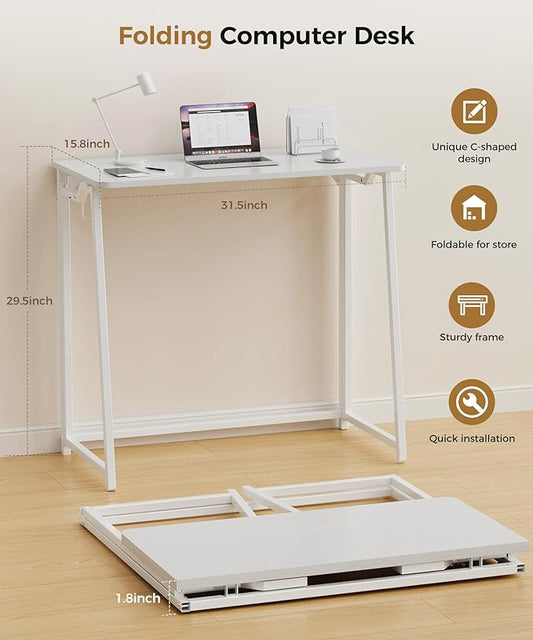 Folding Desk Small Foldable Desk for Small Space, 31.5 Inches Writing Computer Desks in Study, Home Office Foldable Office Desks for Bedroom, White