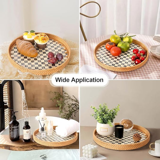 Round Rattan Tray with Mother of Pearl Inlay, Rattan Serving Tray for Coffee, Bread, Fruits, Decorative Wicker Tray for Table Decor, Home Decor, Kitchen Island Decor(Black Checkerboard, 11.8")