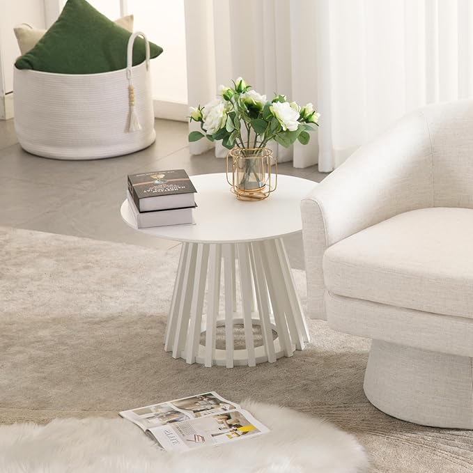 LukeAlon 24" Round Coffee Table, Mid Century Modern Wooden Center Table with Columnar Wood Strips Base Sofa Side Table Circle Tables for Living Room Small Space, White