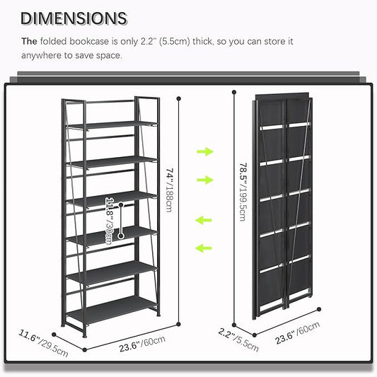 4NM No Assembly Folding Bookshelf, 6-Shelf 74" H Collapsible Foldable Bookcase Storage for Small Spaces, All Black