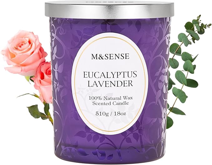 M&SENSE Eucalyptus Lavender Scented Candle, Cracking Wooden Wick Soy Wax, 18oz 100 Hours Long Lasting Clean Burn, Large Jar Candles for Home Decor, Non-Toxic Relaxing Aromatherapy Gifts for Women
