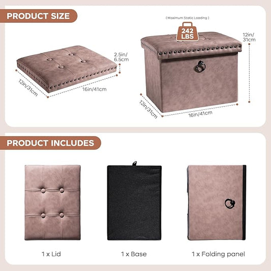 16 Inches Folding Cube Storage Ottoman, Small Leather Foot Rest Stool with Button Tufted Rivet Design, Footstool Bench, Ottoman with Storage for Living Room, Coffee Table 242 lbs, Oak Brown