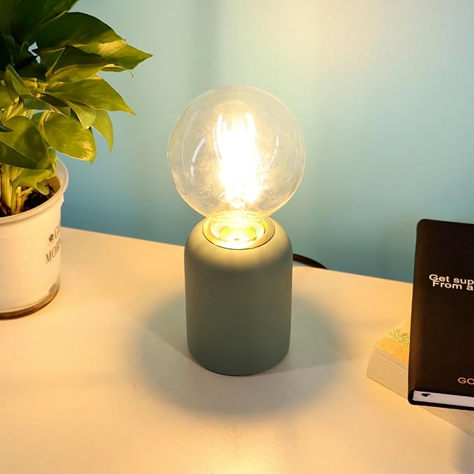 Mini Modern Blue Concrete Bedside Table Lamp, 3.5 x 3.5 x 8.5 Inch Nightstand Lamps, with Spherical Bulb Round Side Table Lamp for Bedroom Living Room Entryway Table Lamps