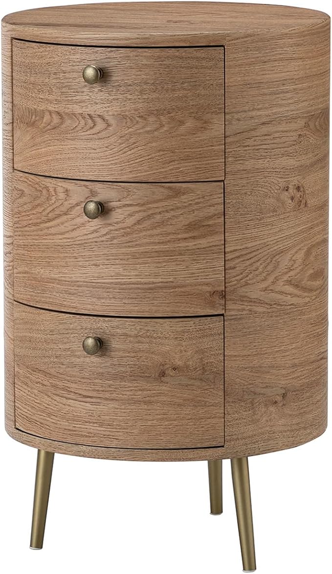 HULALA HOME Round End Table with 3 Storage Drawers, Mid Century Modern Sofa Side Table with Metal Legs, Farmhouse Wood Small Side Table for Living Room, Bedroom and Small Spaces, Gray