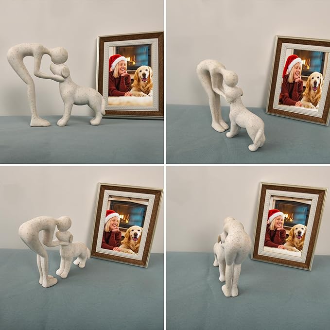 Dog Sculpture Home Decor Cute Man and Dog Statue Decoration for Office、Living Room、Bedroom、Home, Memory Gifts for Pet Lovers (Sandstone)