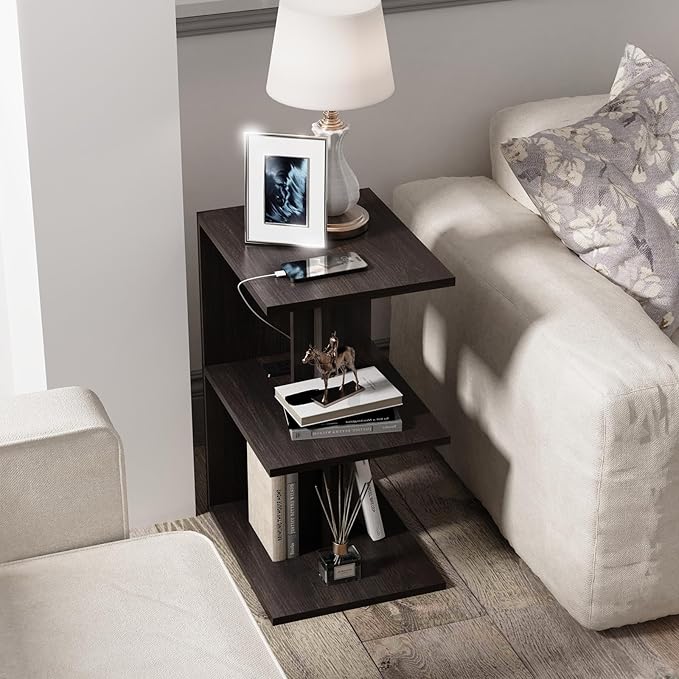 1 Pack Night Stand with Charging Station, Bedside Table for Couch, USB Ports and Outlet, Side/End Table with 3-Layer Storage Shelves for Small Spaces, Living Room, Bedroom, Bedside (Brown)
