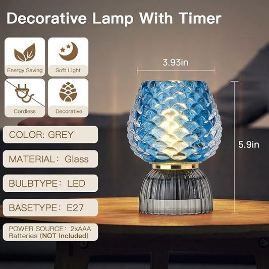 Battery Operated Lamp with Timer, Cute Small Cordless Glass Table Lamp for Home Decor, Kitchen, Bathroom, Birthday Gift for Women, Pinecone, Blue