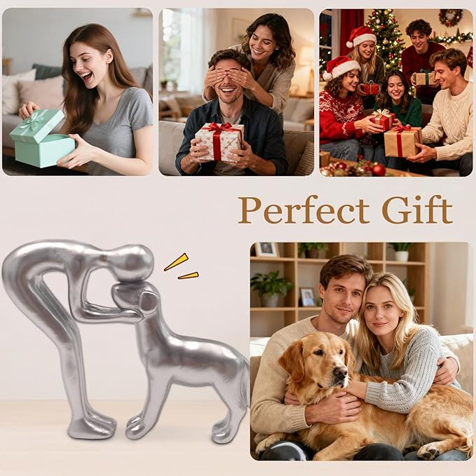 Dog Statues Home Decor Funny Man and Dog Sculpture Decorations for Home Bedroom Living Room Tabletop Bookshelf, Hand-Painted Resin Dogs Memorial Gifts Figurines for Pet Lovers, Silver