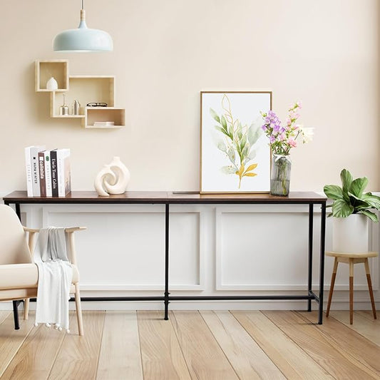 63 Inch Sofa Table,Narrow Console Table with Power Outlet,Slim Entryway Table for Living Room,Hallway,Bedroom(Rustic Brown)