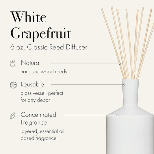 LAFCO New York Classic Reed Diffuser, White Grapefruit - 6 oz - Up to 3 Months Fragrance Life - Reusable Glass Vessel - Natural Wood Reeds - Made in The USA