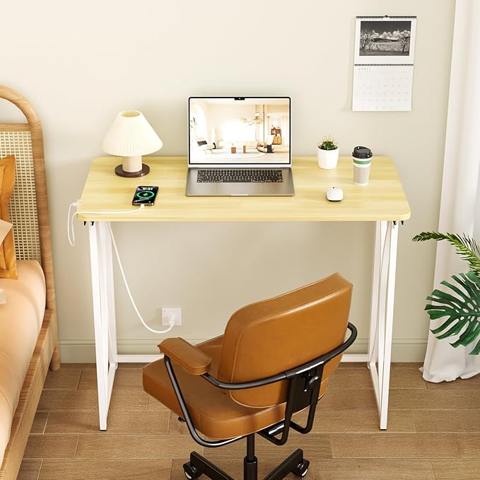 Mini Desk, 31.5" Small Desk for Bedroom with Power Outlet, Foldable Desks for Small Spaces & Home Office, Easy Assembly, Beige Floor Patten
