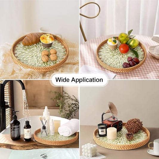 Round Rattan Tray with Mother of Pearl Inlay, Rattan Serving Tray for Coffee, Bread, Fruits, Decorative Wicker Tray for Table Decor, Home Decor, Kitchen Island Decor (Green Leaf, 11.8")