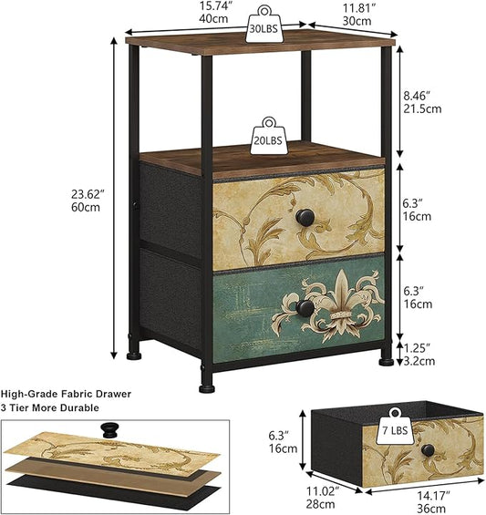 Tohomeor Nightstand with 2 Fabric Drawers Retro Flower End Table Side Table with Open Storage Shelf for Bedroom Living Room Sofa Beside Vintage