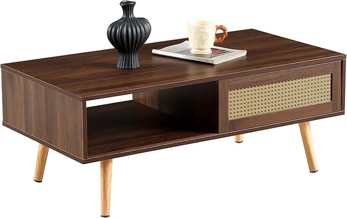 IANIYA Boho Coffee Table with Storage, Dining Table with Rattan Drawer and Solid Wood Legs, Small Center Tables for Living Room Small Space (Brown)