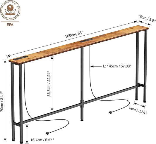 63" Sofa Table Narrow Long - 2 Power Outlets & 4 USB Ports, Metal Frame,Behind Couch Table Behind Sofa for Living Room, Hallway, Entrance- Easy Assembly, 4.9' Extension Cord Included.