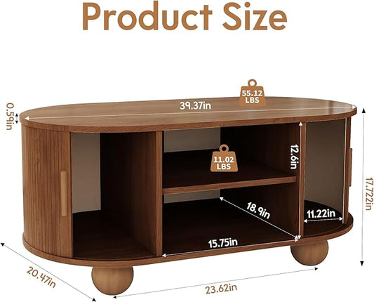 Rectangle Coffee Table, Fluted Coffee Tables for Living Room, Mid-Century Coffee Table Center Table with Storage & Sliding Doors for Apartment, Home Office (Walnut)