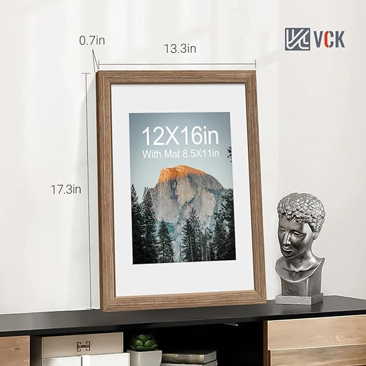 VCK 12x16 Picture Frame 2 Pack - Walnut, High-End Wood Poster Frames with Tempered Glass, Display 8.5x11 Photo with Mat or 12x16 without Mat, Art Gallery-Quality, Wall Hanging, Walnut