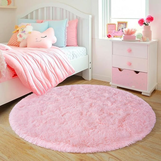 5'x5' Round Pink Rugs for Girls Bedroom, Ultra Soft Fluffy Circle Rug for Kids Room, Cute Shag Rugs for Living Room Playroom Tent Castle Home Decor Rug