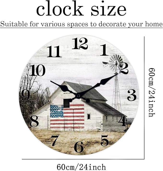 XFM Farmhouse Wall Clock 24 Inch Rustic Barn Wooden Clocks Silent Non-Ticking Battery Operated Country Large Wall Clock for Living Room Kitchen Bedroom Office
