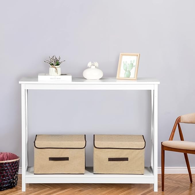 SUPER DEAL Console Table 39.5”, 2-Tier Narrow Sofa Side Table with Storage Shelf, Entrance Table for Hallway/Foyer/Living Room/Corridor/Office, White