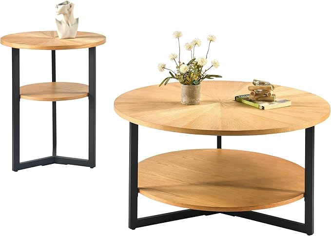 Round Coffee Table with Storage Shelf, 33.5in Circle Accent Center Table with Black Metal Legs, 2-Tier Industrial Cocktail Table for Living Room, Oak-1338OA