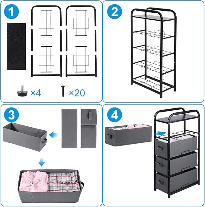 MAX Houser 4 Drawer Narrow Dresser Fabric Storage Tower Vertical Slim Storage Chest Organizer Nightstand Side/End Table Small Standing Organizer Removable Drawers Wood Top for Bedroom, Bathroom(Grey