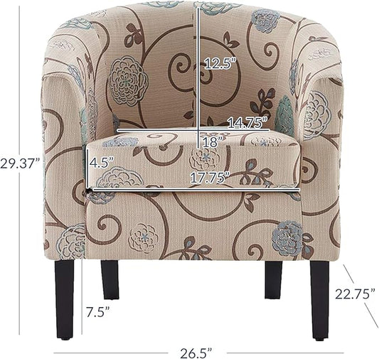 BELLEZE Living Room Chair, Linen Round Accent Barrel Chair, Club Tub Sofa Chair for Bedroom, Corner Chair with Flared Legs and Cozy Soft Padding - Highland (Floral Print)