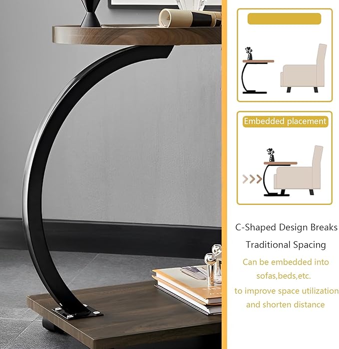 C Table End Table,360°Swivel TV Tray Table for Small Spaces, Couch Tables That Slide Under, C Shaped Side Tables with Wheels for Living Room and Bedroom, Bed,Chair, Snack Table